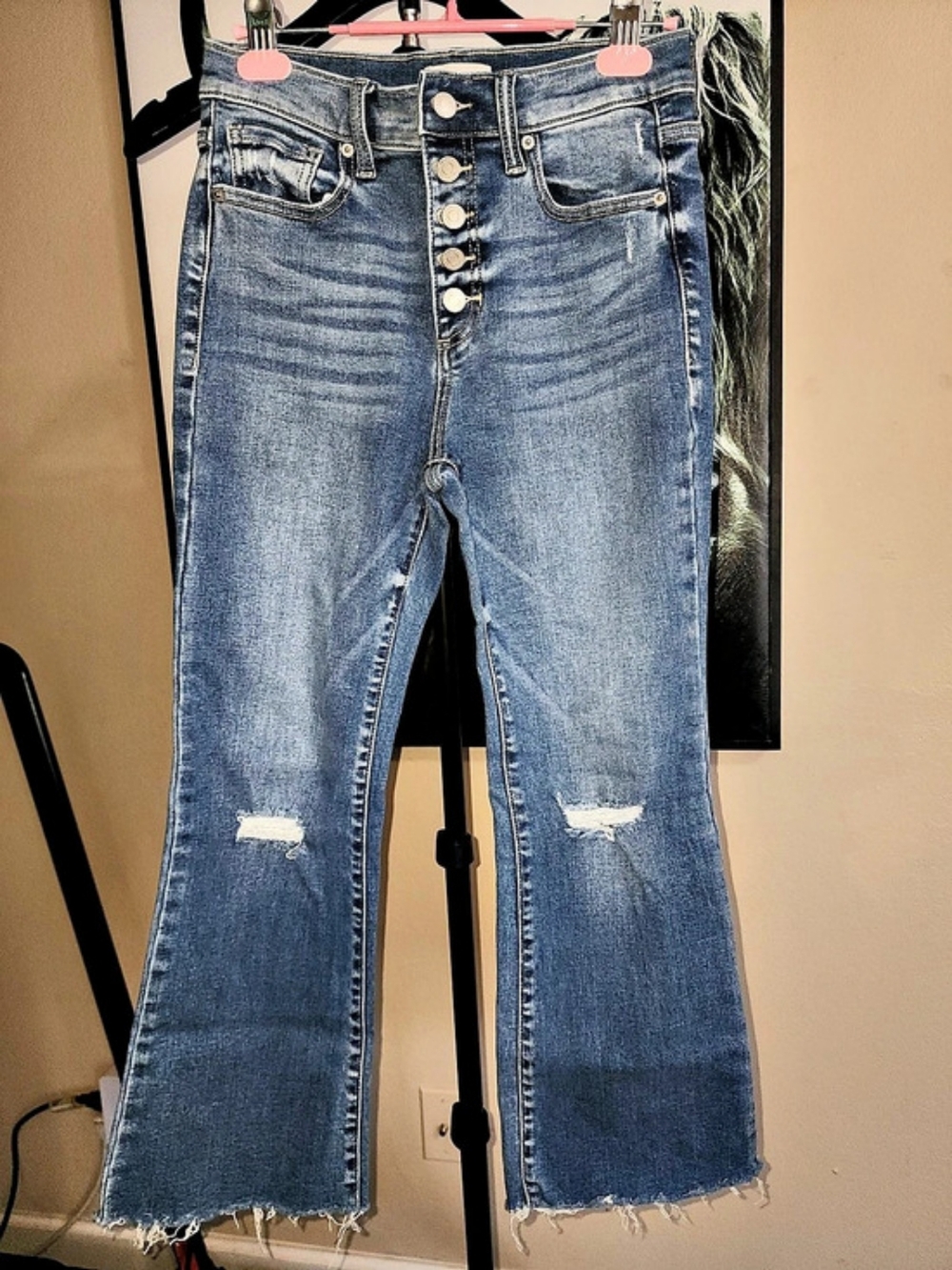 sneak peek High Rise Button Fly Distressed Flare Jeans Blue Waist 27, Inseam 24"